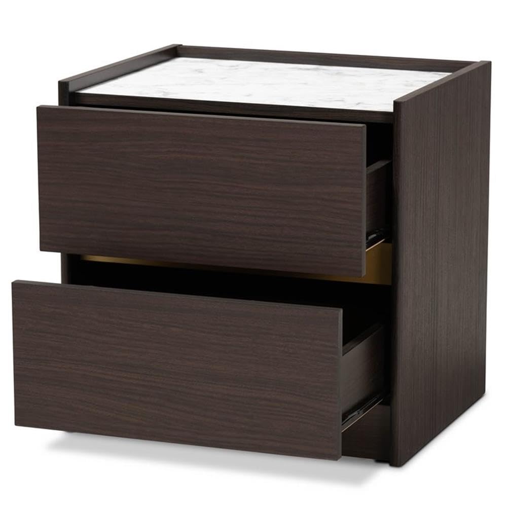 Baxton Studio Walker Modern and Contemporary Dark Brown and Gold Finished Wood Nightstand with Faux Marble Top